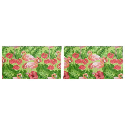 フラミンゴの鳥類と熱帯植物 枕カバー (正面-セット)
