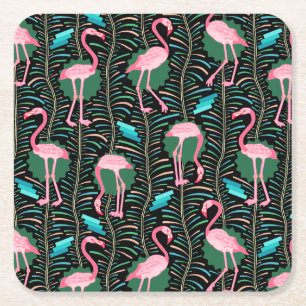 フラミンゴの鳥20s Decoのシダは黒い緑を模造します スクエアペーパーコースター