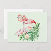 フラミンゴの鳥、熱帯の花葉と花 ポストカード (正面/裏面)
