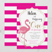 フラミンゴの1歳誕生日招待状（女の子） 招待状 (正面/裏面)