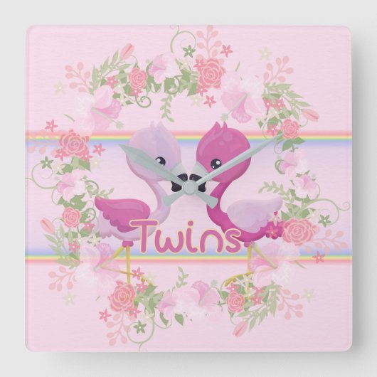 フラミンゴは時間を結び付けます スクエア壁時計 (正面)