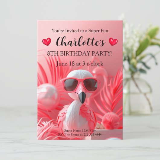 フラミンゴよくはしゃぐフィエスタ誕生日 招待状 (スタンド正面)