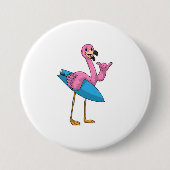 フラミンゴをサーフボードとサーファー 缶バッジ (正面)