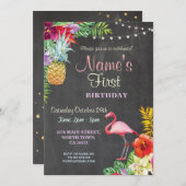 フラミンゴアロハガールズファースト誕生日招待状 招待状 (正面/裏面)