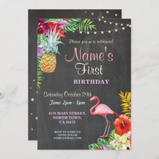 フラミンゴアロハガールズファースト誕生日招待状 招待状 (正面/裏面)