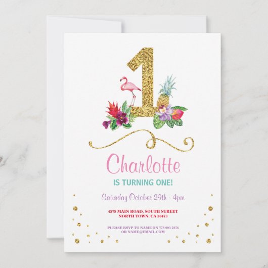 フラミンゴアロハ最初1誕生会の招待 招待状 (正面)