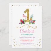 フラミンゴアロハ最初1誕生会の招待 招待状 (正面/裏面)