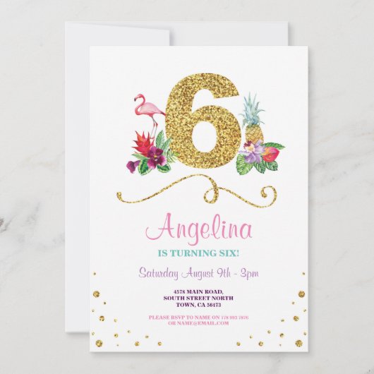 フラミンゴアロハ第6回6歳誕生日パーティー招待状 招待状 (正面)