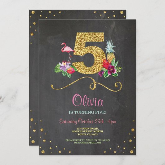 フラミンゴアロハ5歳の誕生日パーティチョーク招待状 招待状 (正面/裏面)