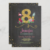 フラミンゴアロハ8th誕生日8パーティーチョーク招待状 招待状 (正面/裏面)