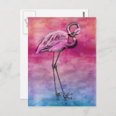 フラミンゴウォータカラーヴィンテージピンクフラミンゴスレトロ ポストカード (正面/裏面)