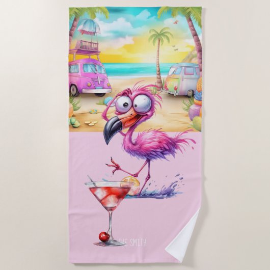 フラミンゴオンビーチ ビーチタオル (正面)