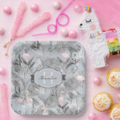 フラミンゴオーキッドトロピカルパターングレーID868 ペーパープレート (パーティー)