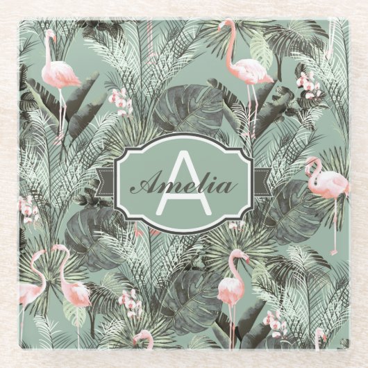 フラミンゴオーキッドトロピカルパターンセージID868 ガラスコースター (正面)