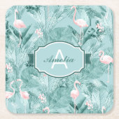 フラミンゴオーキッドトロピカルパターンティール(緑がかった色)ID868 スクエアペーパーコースター (正面)