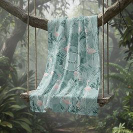 フラミンゴオーキッドトロピカルパターンティール（緑がかった色）ID868 フリースブランケット