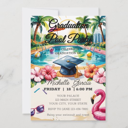 フラミンゴカスタマイズプール卒業パーティーハイビスカス 招待状 (正面)