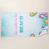 フラミンゴカッコいいプール浮き ビーチタオル (正面)