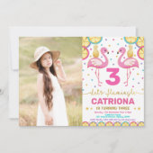 フラミンゴカラフルパーティー熱帯ルアウ(ハワイ式宴会)誕生日 招待状 (正面)