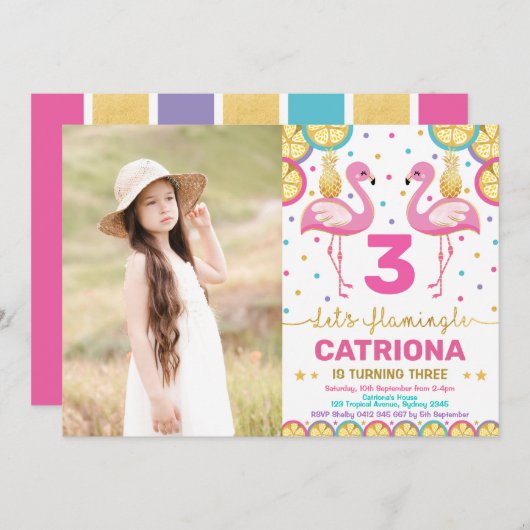 フラミンゴカラフルパーティー熱帯ルアウ(ハワイ式宴会)誕生日 招待状 (正面/裏面)