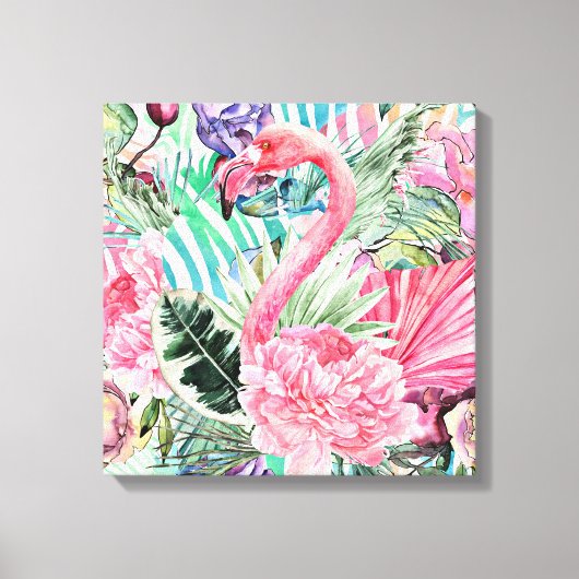 フラミンゴカラフル水彩 キャンバスプリント (正面)