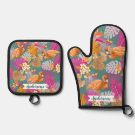 フラミンゴガーデンターコイズ 鍋つかみ&鍋敷きセット