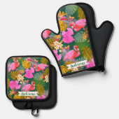 フラミンゴガーデンダークグリーン 鍋つかみ&鍋敷きセット (正面/裏面)