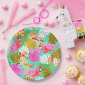 フラミンゴガーデンティール（緑がかった色） ペーパープレート (パーティー)