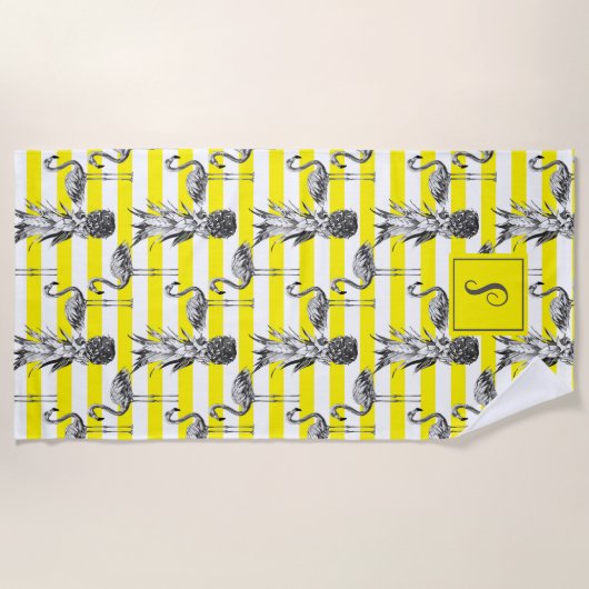 フラミンゴガーリーパイナップルイエロー白モノグラムの色 ビーチタオル (正面)