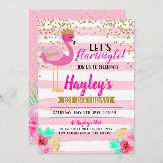 フラミンゴガールズピンク金ゴールド誕生日レッツフラミングル 招待状 (正面/裏面)