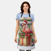 フラミンゴクリスマスをテーマにした エプロン (着用した状態)