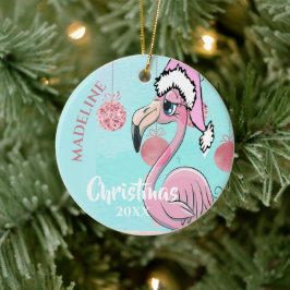 フラミンゴクリスマスサンタハットブルーピンクガーリーかわいい セラミックオーナメント