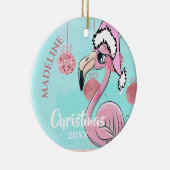 フラミンゴクリスマスサンタハットブルーピンクガーリーかわいい セラミックオーナメント (右)