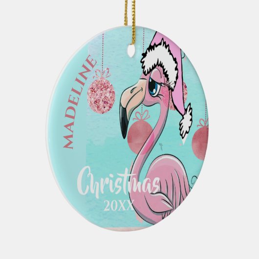 フラミンゴクリスマスサンタハットブルーピンクガーリーかわいい セラミックオーナメント (右)