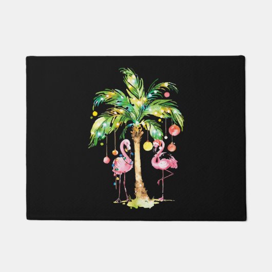 フラミンゴクリスマスツリーのライトクリスマスギフト ドアマット (正面)