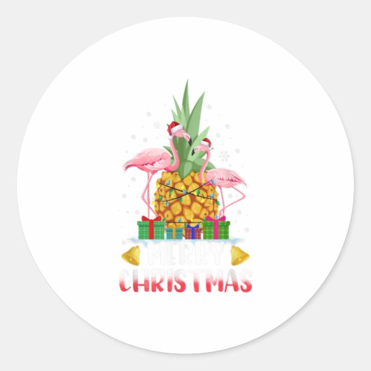 フラミンゴクリスマスツリーパイナップルクリスマス ラウンドシール (正面)