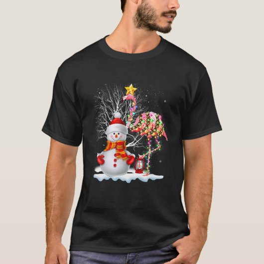 フラミンゴクリスマスツリー雪だるまサンタハットフラミンゴ Tシャツ (正面)