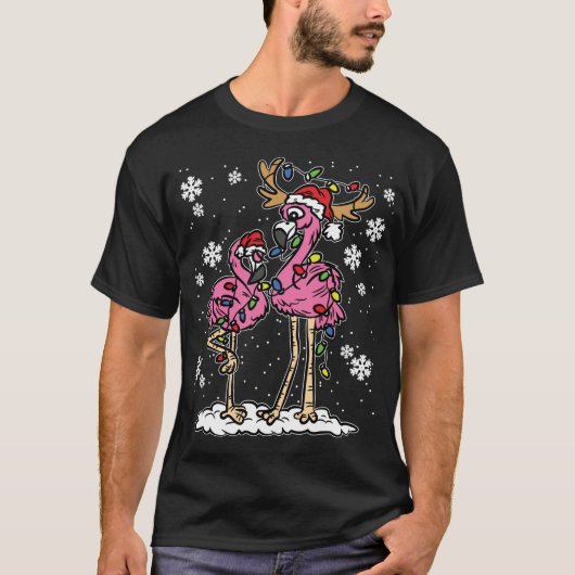 フラミンゴクリスマスライトサンタハットパジャマかわいいアン Tシャツ (正面)