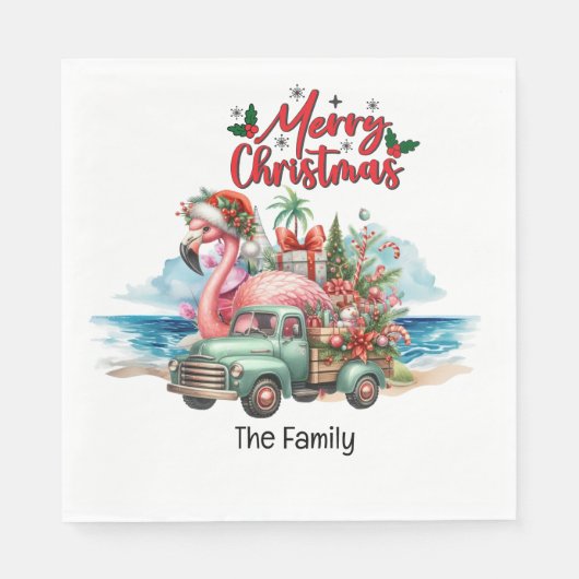 フラミンゴクリスマス7月のビーチ スタンダードランチョンナプキン (正面)