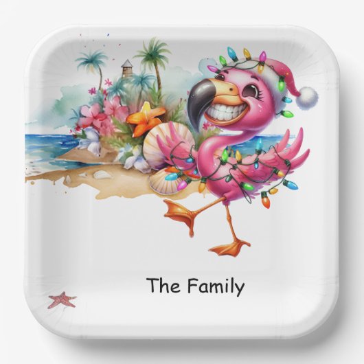 フラミンゴクリスマス7月のビーチ ペーパープレート (正面)