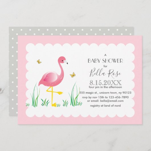 フラミンゴグレー水玉模様ベビーシャワー招待状 招待状 (正面/裏面)