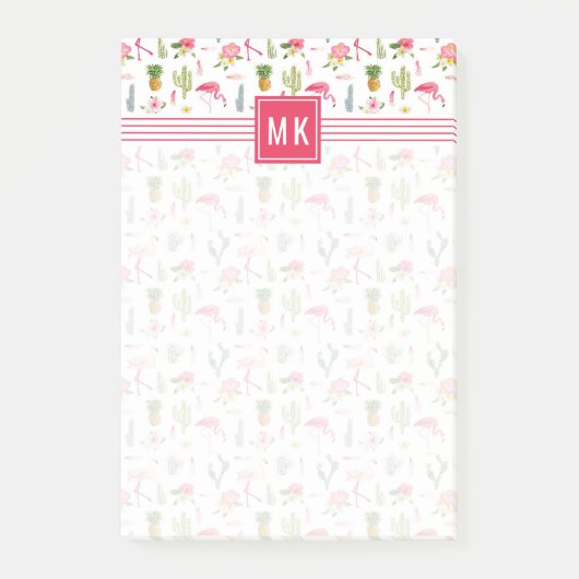 フラミンゴサボテンパイナップルハイビスカスパターン ポストイット (正面)