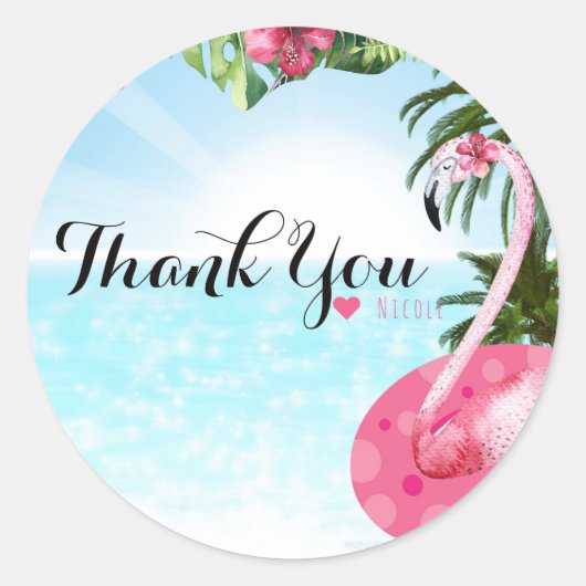 フラミンゴサマー誕生日プールパーティービーチ ラウンドシール (正面)