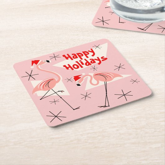 フラミンゴサンタスピンクハッピーホリデーズスクエア スクエアペーパーコースター (アングル)
