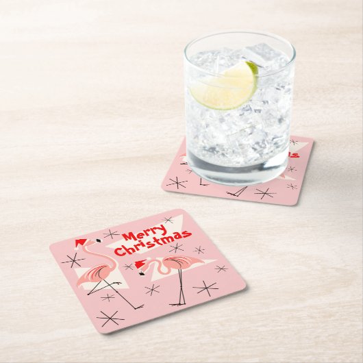 フラミンゴサンタスピンクメリークリスマススクエア スクエアペーパーコースター (インサイチュ)