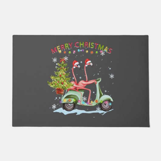 フラミンゴサンタハットクリスマスライトモトバイククリスマス ドアマット (正面)