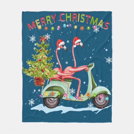 フラミンゴサンタハットクリスマスライトモトバイククリスマス フリースブランケット (正面)