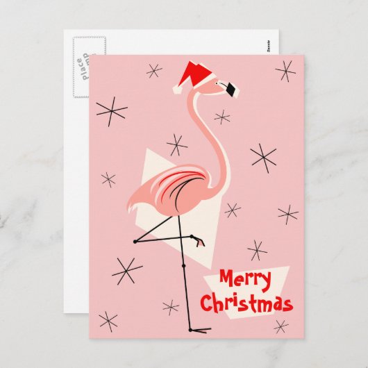 フラミンゴサンタピンクメリークリスマスポートレート シーズンポストカード (正面/裏面)