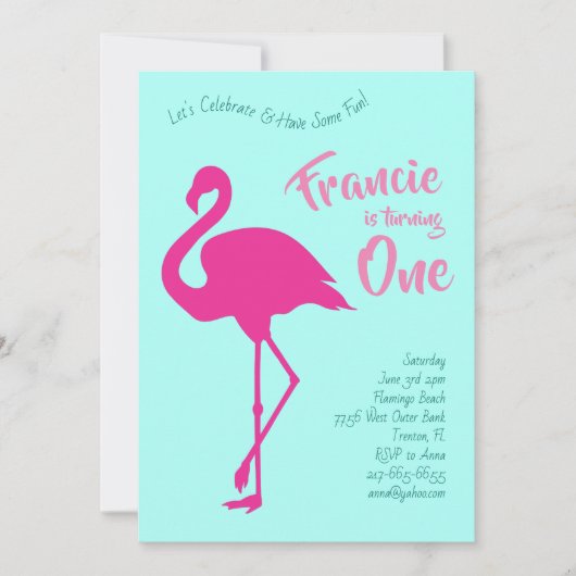 フラミンゴシルエット熱帯1歳誕生日かわいい 招待状 (正面)