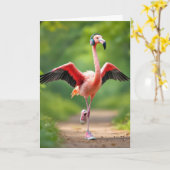 フラミンゴジョギング（ピンクスニーカーとヘッドフォン付き） カード (黄色い花)